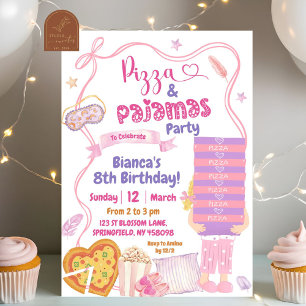 Roze Strik Blond Meisje Pizza en Pyjama Verjaardag Kaart