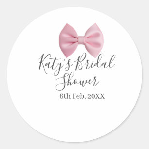 Roze strik bruidsdouche naam datum pastel stijlvol ronde sticker
