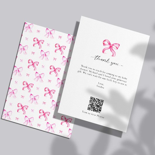 Roze Strik Coquette Bruiloftsfeest Aangepaste QR-c Bedankkaart