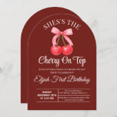 Roze Strik Coquette Kers Op Top Meisje 1e Verjaard Kaart (Voorkant / Achterkant)
