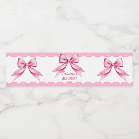 Roze strik coquette verjaardagsfeestje afgedrukt waterfles etiket (Enkel label)