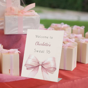 Roze strik crème beige Sweet 16 welkom Reclamebord Met Voetstuk