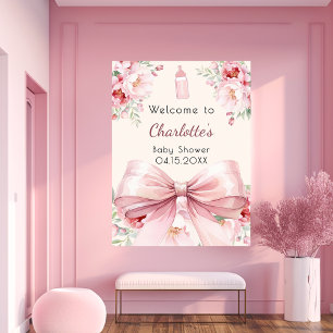 Roze strik crème bloemen baby shower welkomstbord poster