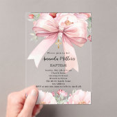 Roze strik crème bloemen meisje duidelijk Doop Acryl Uitnodigingen (Insitu (Draagbaar))
