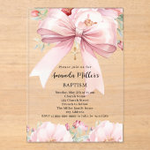 Roze strik crème bloemen meisje duidelijk Doop Acryl Uitnodigingen (Voorkant)