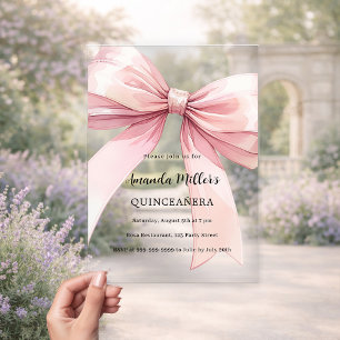 Roze strik crème doorzichtig Quinceanera Acryl Uitnodigingen