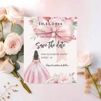 Roze strik crème jurk Sweet 16 Save the Date kaart
