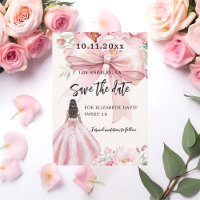 Roze strik crème jurk Sweet 16 Save the Date kaart