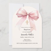 Roze strik crème meisje doopboog kaart (Voorkant)