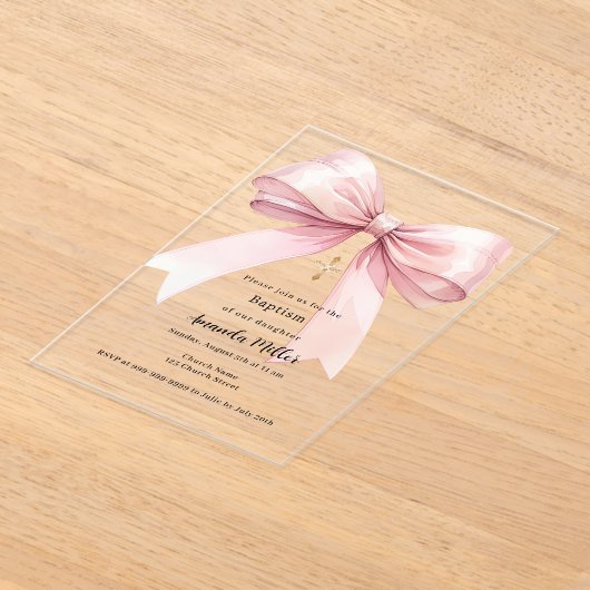 Roze strik crème meisje duidelijk Doop Acryl Uitnodigingen (Laagn)