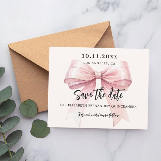 Roze strik crème Quinceanera Save the Date kaart