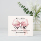 Roze strik crème Quinceanera Save the Date kaart (Staand voorkant)