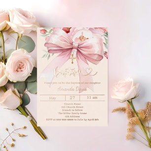 Roze strik crèmekleurige bloemen meisje Doop roze  Folie Uitnodiging