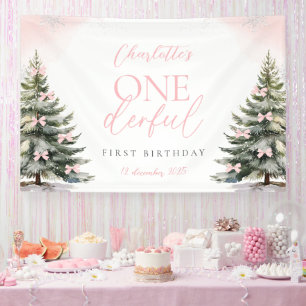 Roze Strik Dennenbomen Winter Onederland 1e Verjaa Spandoek