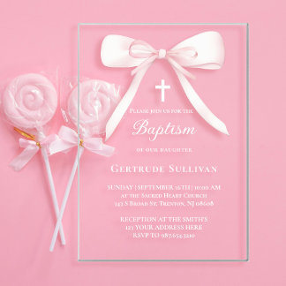 Roze strik | doop acryl uitnodigingen