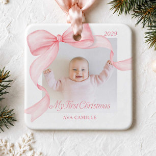 Roze strik eerste kerst foto ornament