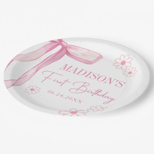 Roze strik Elegant 1e verjaardag Papieren Bordje (Gekanteld)