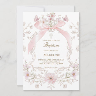 roze strik en bloemen kader Doop meisje Kaart