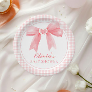 Roze strik en gingham preppy baby shower papieren bordje