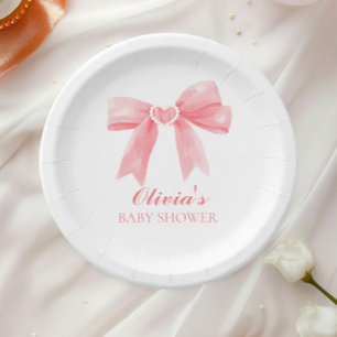 Roze strik en gingham preppy baby shower papieren bordje