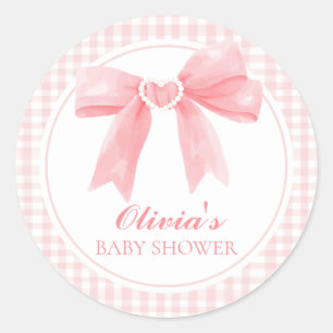 Roze strik en gingham preppy baby shower ronde sticker