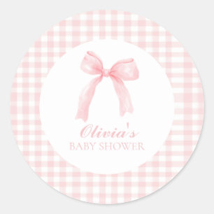 Roze strik en gingham preppy baby shower ronde sticker