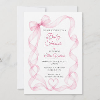 Roze Strik en Hart Baby Meisje Shower Uitnodiging