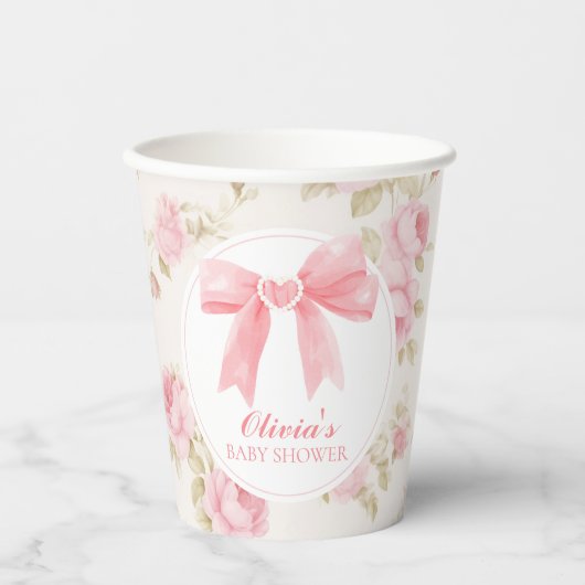 Roze strik en rozen preppy baby shower papieren bekers (Voorkant)