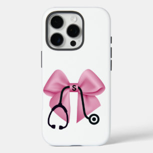 Roze strik en stethoscoop gepersonaliseerde medisc iPhone 16 pro hoesje
