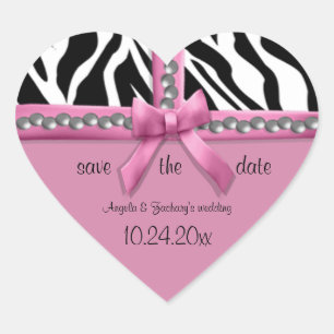 Roze strik en witte zebra strepen met parels hart sticker
