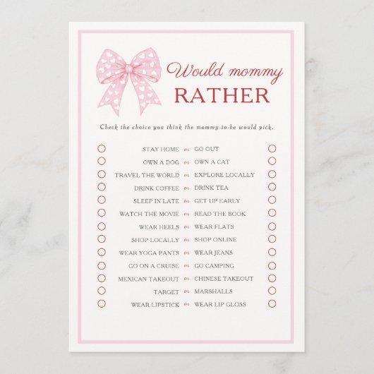 Roze Strik Gebeurtje Zou Mammie Liever Spel Advieskaart (Voorkant)