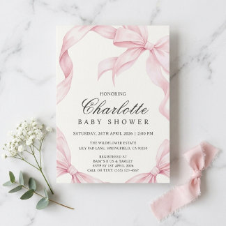 Roze Strik Geboortekaartje Baby Shower Uitnodiging