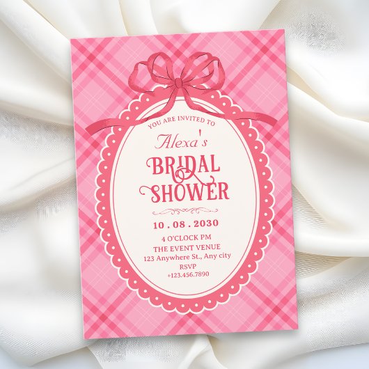 Roze strik gingham bruidsdouche kaart