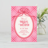 Roze strik gingham bruidsdouche kaart (Staand voorkant)
