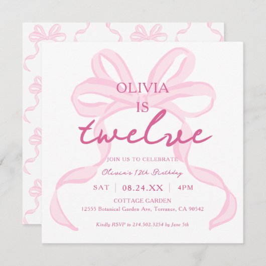 Roze Strik Girly Coquette 12de Verjaardagsfeestje  Kaart (Voorkant / Achterkant)