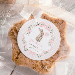 Roze strik konijn ballon meisje verjaardagsfeestje ronde sticker