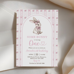 Roze Strik Konijn Vintage Konijn 1e Verjaardag Kaart