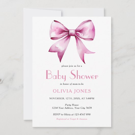 Roze strik lint Baby Shower Kaart (Voorkant)