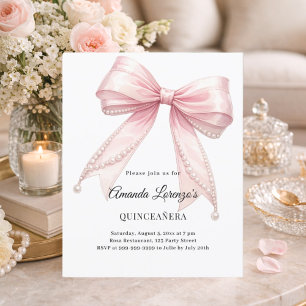 Roze strik lint parels elegante Quinceanera uitnod
