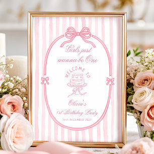 Roze Strik Meisje 1e Verjaardag Welkom Poster