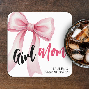 Roze Strik Meisje Moeder Lint Cute Baby Shower Vierkante Kartonnen Onderzetter