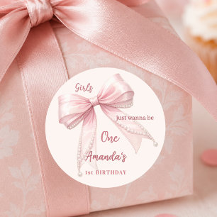 Roze strik meisjes willen één zijn 1e Verjaardag Ronde Sticker