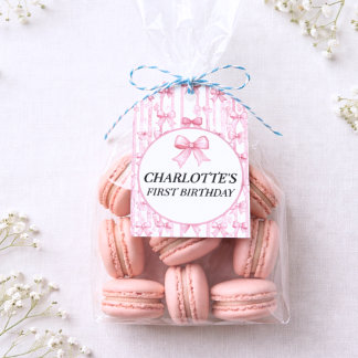 Roze Strik Met Lint Patroon Baby Meisje 1e Verjaar Cadeaulabel
