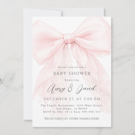 Roze Strik Moderne Baby Shower Meisje Kaart (Voorkant)