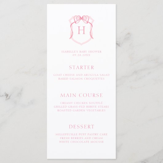 Roze strik monogram borstkam Baby shower Menu (Voorkant)