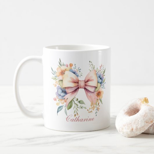 Roze Strik Monogram Coquette Waterverf Bloemen Koffiemok (Met donut)