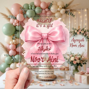 roze strik muslim baby girl aqeeqah acryl uitnodigingen