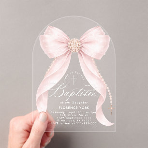 Roze Strik Parels Baby Meisje Doop Religieus Acryl Uitnodigingen