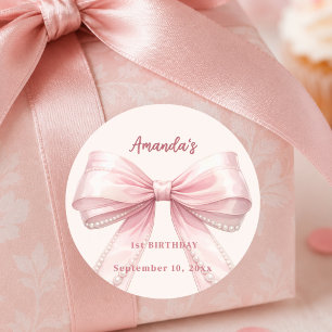Roze strik parels coquette Verjaardag Ronde Sticker