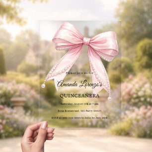 Roze strik parels elegante Quinceanera luxe helder Acryl Uitnodigingen